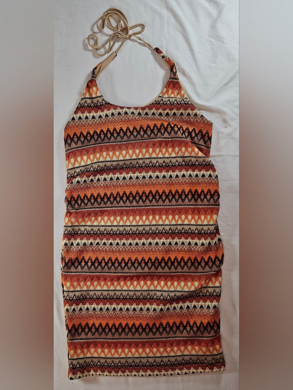 Shein Womens Brown & Orange Geo Print Backless Ruched Halter Dress Size XL